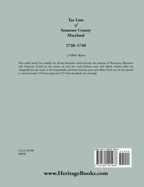 Produktbild: Tax Lists of Somerset County, Maryland, 1730-1740