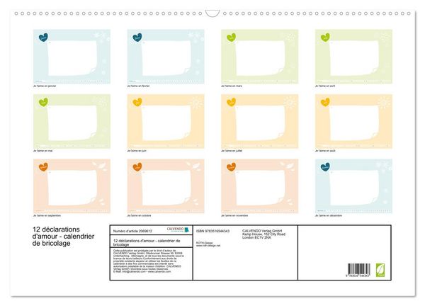 Produktbild: 12 d&eacute;clarations d'amour - calendrier de bricolage (Calendrier mural 2026 DIN A2 vertical), CALVENDO calendrier mensuel