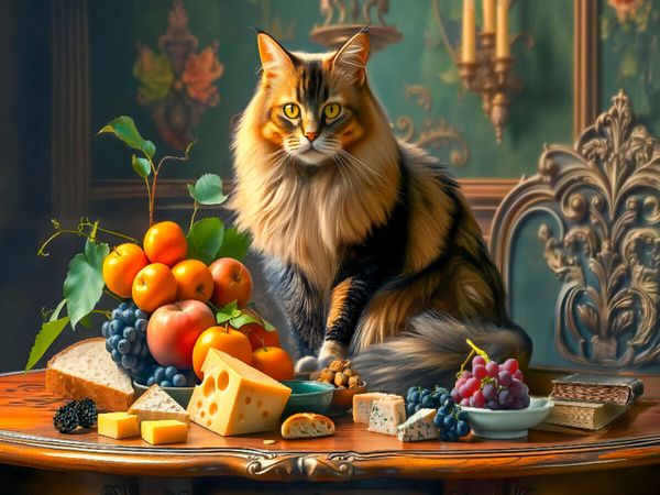 Produktbild: CALVENDO Puzzle Katzenidylle mit Obst und K&auml;se | 1000 Teile Lege-Gr&ouml;&szlig;e 64x48cm Foto-Puzzle f&uuml;r gl&uuml;ckliche Stunden
