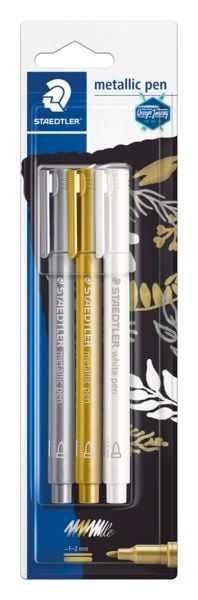 Produktbild: STAEDTLER 8323 Metallic pen, Blisterkarte mit 3 Farben (gold, silber, wei&szlig;), 8323-S BK3