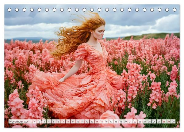 Produktbild: Bl&uuml;tenzauber im Feld - Frauen in farbenpr&auml;chtiger Landschaften (Tischkalender 2026 DIN A5 quer), CALVENDO Monatskalender