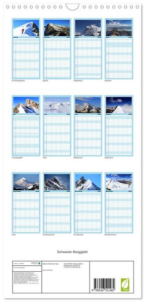 Produktbild: Familienplaner 2026 - Schweizer Berggipfel mit 5 Spalten (Wandkalender, 21 x 45 cm) CALVENDO