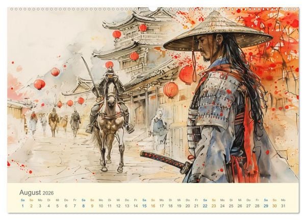Produktbild: Samurai - whimsical inked style (hochwertiger Premium Wandkalender 2026 DIN A2 quer), Kunstdruck in Hochglanz