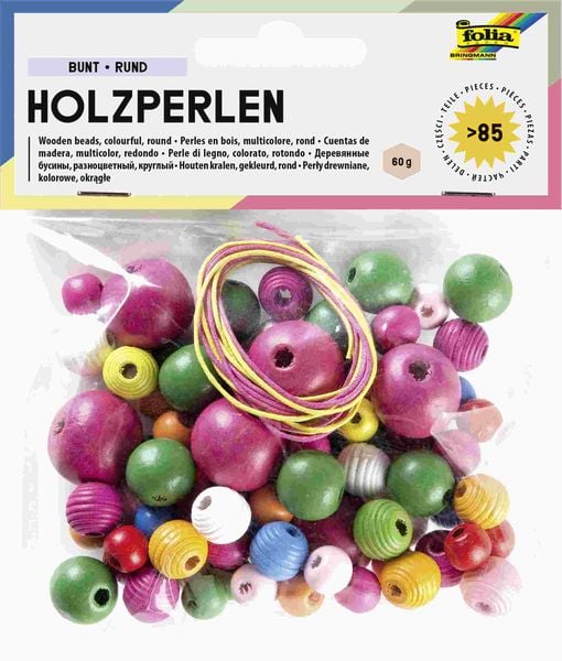 Folia  Holzperlen BUNT RUND, 60g/>85 Teile & 2x Schnüre à 85cm