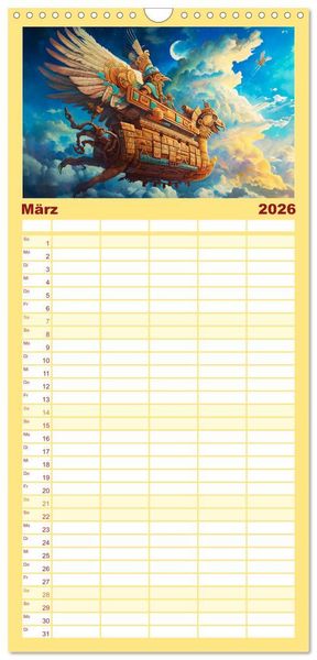 Produktbild: Familienplaner 2026 - Sternenkrieger - Science Fiction Visionen der Maya und Azteken mit 5 Spalten (Wandkalender, 21 x 45 cm) CALVENDO