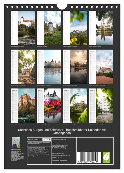 Produktbild: Sachsens Burgen und Schl&ouml;sser - Beschreibbarer Kalender mit Ortsangaben (Wandkalender 2027 DIN A4 hoch), CALVENDO Monatskalender