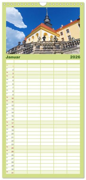 Produktbild: Familienplaner 2026 - Moritzburg, Weesenstein, Muskau - Drei sch&ouml;ne s&auml;chsische Schl&ouml;sser mit 5 Spalten (Wandkalender, 21 x 45 cm) CALVENDO
