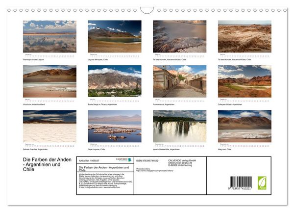 Produktbild: Die Farben der Anden - Argentinien und Chile (Wandkalender 2026 DIN A3 quer), CALVENDO Monatskalender