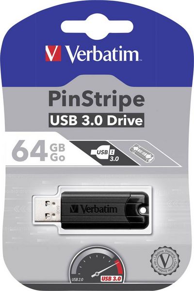 Produktbild: VERBATIM USB 3.0 Drive 64GB Pinstripe, schwarz