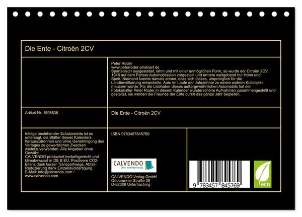 Produktbild: Die Ente - Citro&euml;n 2CV (Tischkalender 2026 DIN A5 quer), CALVENDO Monatskalender