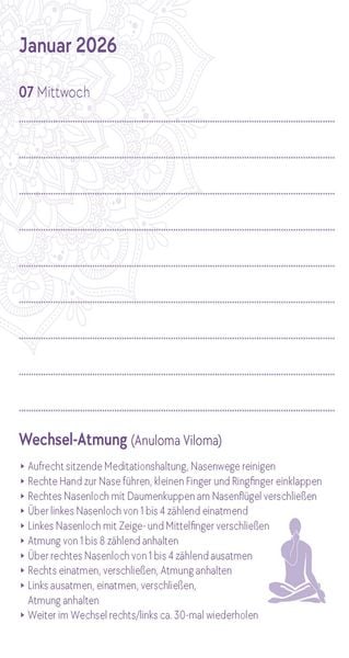 Produktbild: Yoga-Kalender 2026 - Taschenkalender mit Mantras, Meditationen, Affirmationen und Hintergrundgeschichten - im praktischen Format 10,0 x 15,5 cm, mit zahlreichen Illustrationen und Leseb&auml;ndchen