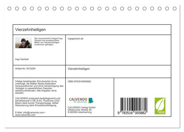 Produktbild: Vierzehnheiligen (Tischkalender 2026 DIN A5 quer), CALVENDO Monatskalender