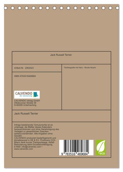 Produktbild: Jack Russell Terrier (Tischkalender 2026 DIN A5 hoch), CALVENDO Monatskalender