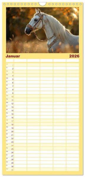 Produktbild: Familienplaner 2026 - Bezaubernde Eleganz wei&szlig;er Pferde mit 5 Spalten (Wandkalender, 21 x 45 cm) CALVENDO