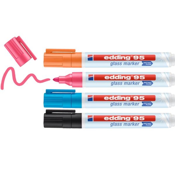 Produktbild: EDDING&reg; Glasboard Marker 95, 4er Etui (schwarz, hellblau, rosa, orange) Kartonetui