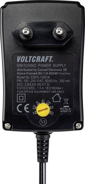 Produktbild: VOLTCRAFT VC-11320905 Steckernetzteil, einstellbar 3 V/DC, 4.5 V/DC, 5 V/DC, 6 V/DC, 7.5 V/DC, 9 V/DC, 12 V/DC 1.5 A 18 W