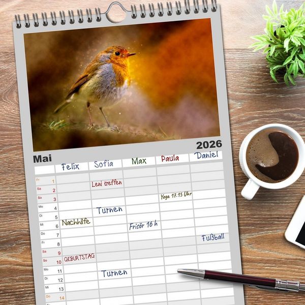 Produktbild: Familienplaner 2026 - Bei uns im Garten - Rotkehlchen mit 5 Spalten (Wandkalender, 21 x 45 cm) CALVENDO