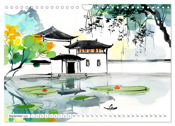 Produktbild: Fernost Impressionen - Tempel und Landschaften in KI-Tuschekunst (Wandkalender 2026 DIN A4 quer), CALVENDO Monatskalender