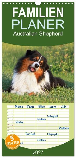 Produktbild: Familienplaner 2027 - Australian Shepherd - H&uuml;tehunde mit Familienanschluss mit 5 Spalten (Wandkalender, 21 x 45 cm) CALVENDO