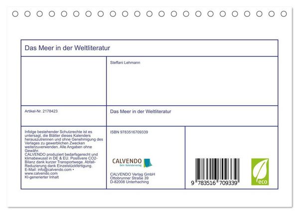 Produktbild: Das Meer in der Weltliteratur (Tischkalender 2026 DIN A5 quer), CALVENDO Monatskalender
