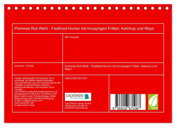 Produktbild: Pommes Rot-Wei&szlig; - Fastfood-Humor mit knusprigen Fritten, Ketchup und Mayo (Tischkalender 2026 DIN A5 quer), CALVENDO Monatskalender
