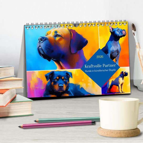 Produktbild: Kraftvolle Partner. Hunde in k&uuml;nstlerischer &Ouml;loptik (Tischkalender 2026 DIN A5 quer), CALVENDO Monatskalender