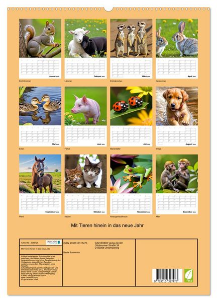 Produktbild: Mit Tieren hinein in das neue Jahr (hochwertiger Premium Wandkalender 2026 DIN A2 hoch), Kunstdruck in Hochglanz