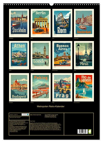 Produktbild: Metropolen Retro-Kalender (Wandkalender 2026 DIN A2 hoch), CALVENDO Monatskalender