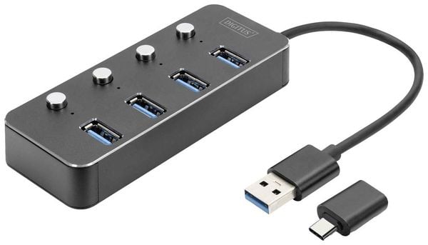 Digitus DA-70247 4 Port USB 3.0-Hub drehbar, einzeln schaltbar, LED-Anzeige Dunkelgrau