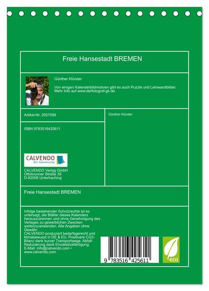 Produktbild: Freie Hansestadt BREMEN (Tischkalender 2026 DIN A5 hoch), CALVENDO Monatskalender