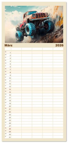 Produktbild: Familienplaner 2026 - Die Macht der Monstertrucks mit 5 Spalten (Wandkalender, 21 x 45 cm) CALVENDO