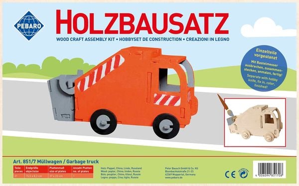 Produktbild: PEBARO 851/7 - Holzbausatz M&uuml;llwagen, 21 Teile, Holzkonstruktion zum Zusammenstecken