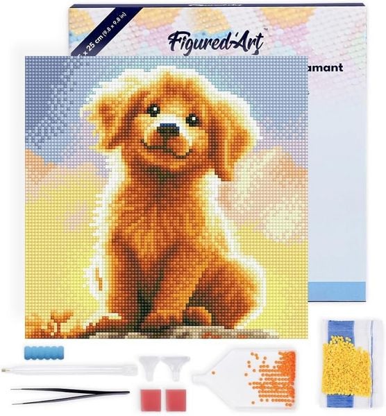 Produktbild: FiguredArt DP-SFA185-Y - Mini Diamond Painting, S&uuml;&szlig;er Golden Retriever Welpe, Leinwand-Keilrahmen (25x25cm), DIY Bastelset