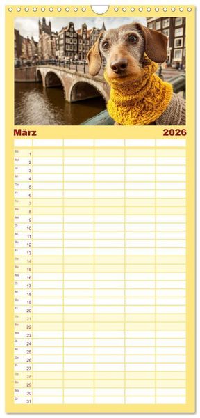 Produktbild: Familienplaner 2026 - Dackel auf gro&szlig;er Tour - S&uuml;&szlig;e Hunde entdecken die Welt mit 5 Spalten (Wandkalender, 21 x 45 cm) CALVENDO