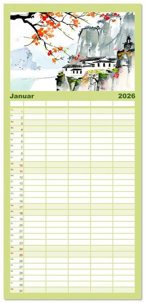 Produktbild: Familienplaner 2026 - Fernost Impressionen - Tempel und Landschaften in KI-Tuschekunst mit 5 Spalten (Wandkalender, 21 x 45 cm) CALVENDO