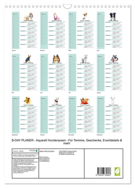 Produktbild: B-DAY PLANER - Aquarell Hunderassen - F&uuml;r Termine, Geschenke, Eventdetails & mehr (Wandkalender 2026 DIN A3 hoch), CALVENDO Monatskalender