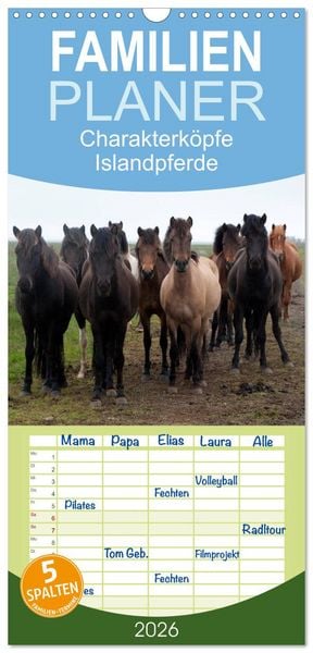 Produktbild: Familienplaner 2026 - Charakterk&ouml;pfe Islandpferde mit 5 Spalten (Wandkalender, 21 x 45 cm) CALVENDO