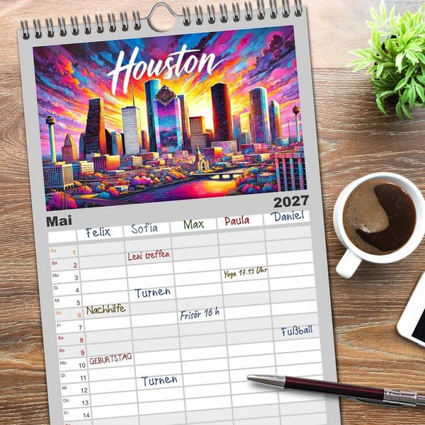 Produktbild: Familienplaner 2027 - Stadtansichten der USA in Tusche mit 5 Spalten (Wandkalender, 21 x 45 cm) CALVENDO