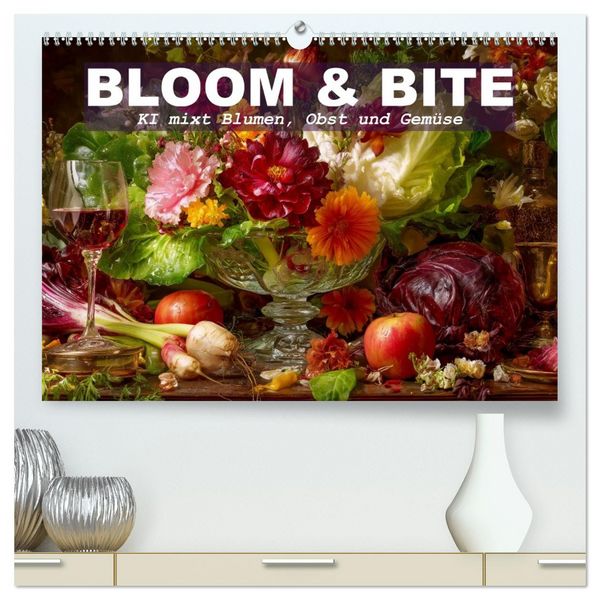 Bloom und Bite. KI mixt Blumen, Obst und Gemüse (hochwertiger Premium Wandkalender 2026 DIN A2 quer), Kunstdruck in Hochglanz