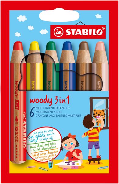 Produktbild: STABILO Buntstift, Wasserfarbe & Wachsmalkreide - woody 3 in 1 - 6er Pack - mit 6 verschiedenen Farben