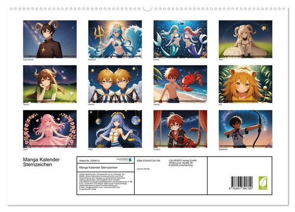 Produktbild: Manga Kalender Sternzeichen (hochwertiger Premium Wandkalender 2026 DIN A2 quer), Kunstdruck in Hochglanz