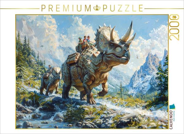 Produktbild: CALVENDO Puzzle Bergwanderung - Menschen mit Dinosaurier Triceratops | 2000 Teile Lege-Gr&ouml;&szlig;e 90x67cm Foto-Puzzle f&uuml;r gl&uuml;ckliche Stunden