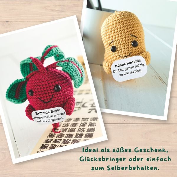 Produktbild: Emotional Support Veggies. Kleine H&auml;kelfiguren mit positiven Botschaften