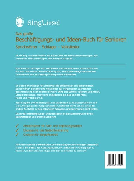 Produktbild: Das gro&szlig;e Besch&auml;ftigungsbuch f&uuml;r Senioren. Auch mit Demenz. Sprichw&ouml;rter - Schlager - Volkslieder. Die besten Besch&auml;ftigungen und Ideen f&uuml;r Senioren. Mit Kopiervorlagen