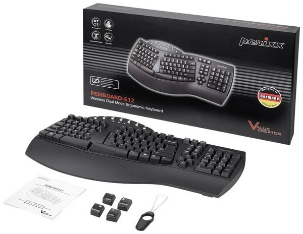 Produktbild: Perixx PERIBOARD-612BDE Bluetooth&reg; Tastatur Deutsch, QWERTZ Schwarz Ergonomisch, Handballenauflage, Multimediatasten