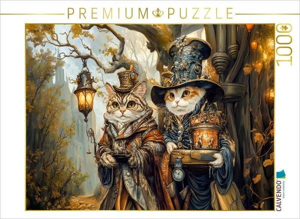 CALVENDO Puzzle Zwei Katzen unter dem Märchenbaum im Steampunk | 1000 Teile Lege-Größe 64x48cm Foto-Puzzle für glückliche Stunden