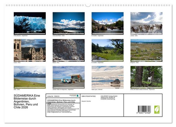 Produktbild: S&Uuml;DAMERIKA Eine Bilderreise durch Argentinien, Bolivien, Peru und Chile 2026 (hochwertiger Premium Wandkalender 2026 DIN A2 quer), Kunstdruck in Hochglanz