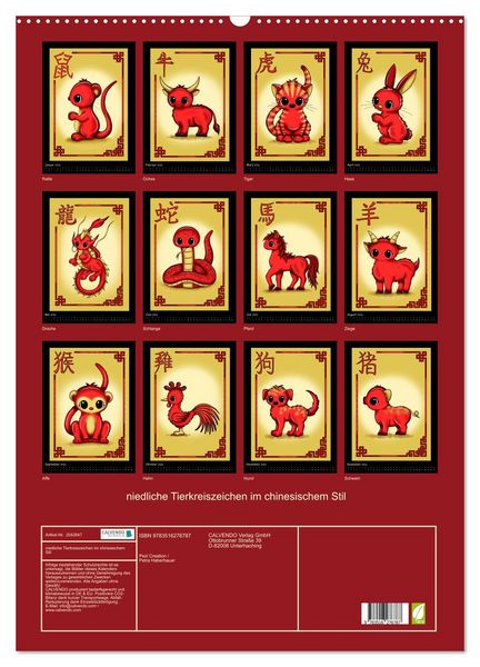 Produktbild: niedliche Tierkreiszeichen im chinesischem Stil (Wandkalender 2026 DIN A2 hoch), CALVENDO Monatskalender