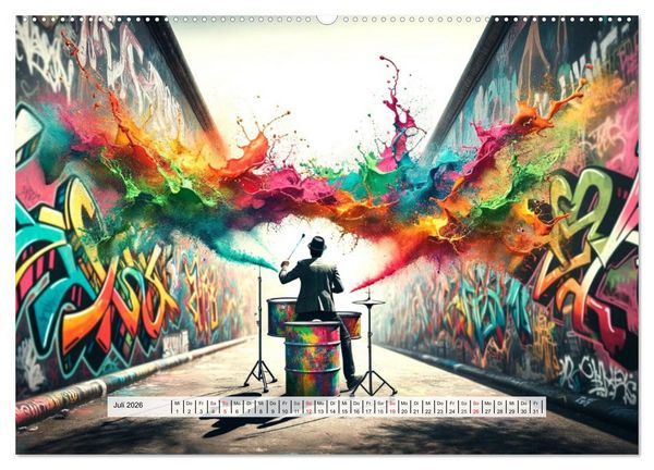 Produktbild: Drummer - Color Splash Rhythms: Trommelschl&auml;ge und Farbexplosionen (hochwertiger Premium Wandkalender 2026 DIN A2 quer), Kunstdruck in Hochglanz