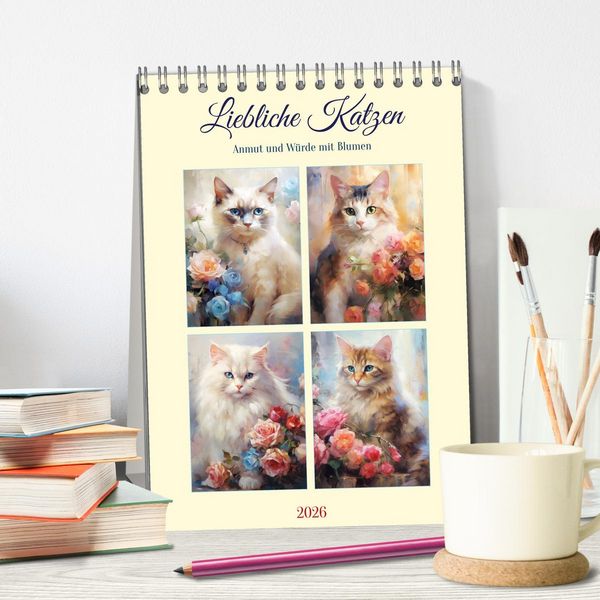 Produktbild: Liebliche Katzen. Anmut und W&uuml;rde mit Blumen (Tischkalender 2026 DIN A5 hoch), CALVENDO Monatskalender